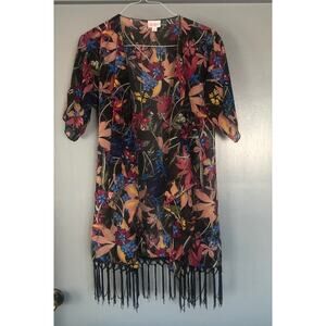 Lula Roe Small open fringed short sleeved vest duster floral lightweight Boho